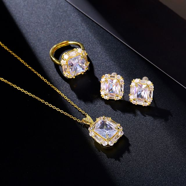 Seirios-CZ Stud Earring Pendant Chain Necklace Ring Set