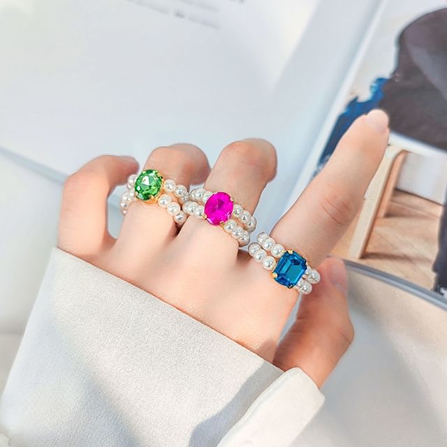 Seirios-Rhinestone Faux Pearl Layered Ring