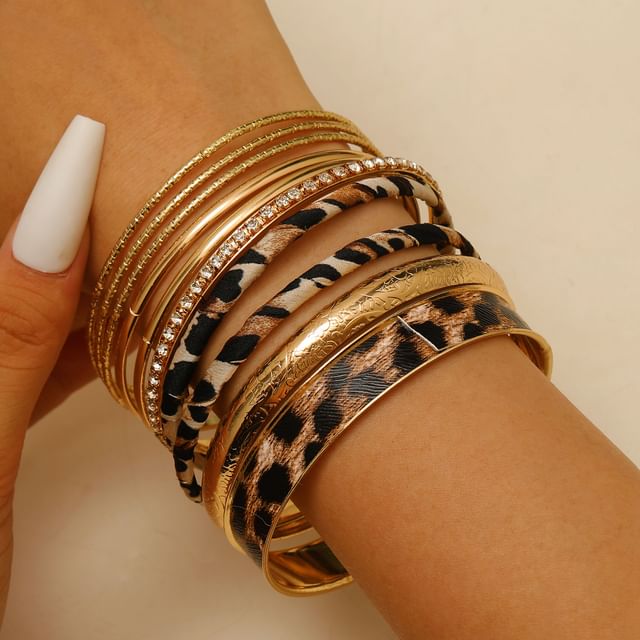 Seirios-Set Leopard Print Alloy Bangle Rhinestone Alloy Bangle Polished Alloy Bangle Various Designs