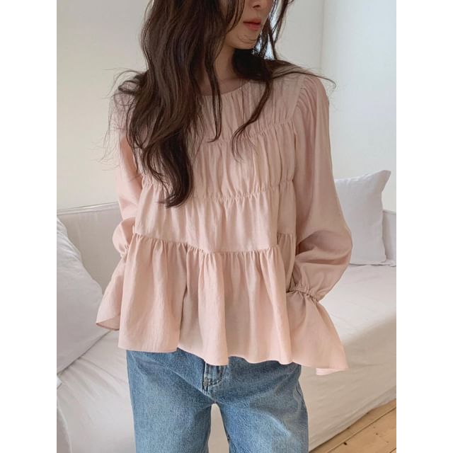 Seoulchic-Bell-Sleeve Plain Ruched Blouse