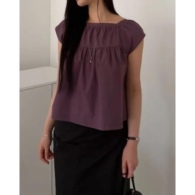 Seoulchic-Cap-Sleeve Plain Blouse