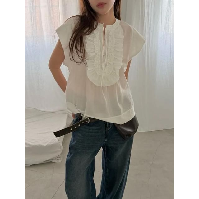 Seoulchic-Cap-Sleeve Plain Ruffle Trim Blouse