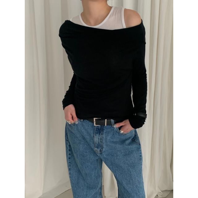 Seoulchic-Cold-Shoulder Color Block Top