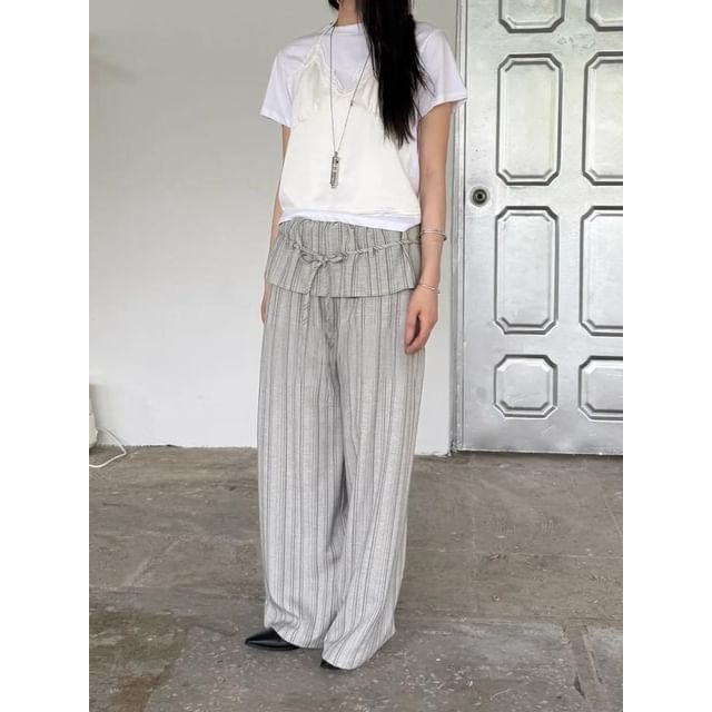 Seoulchic-Drawstring Waist Layered Stripe Wide-Leg Pants