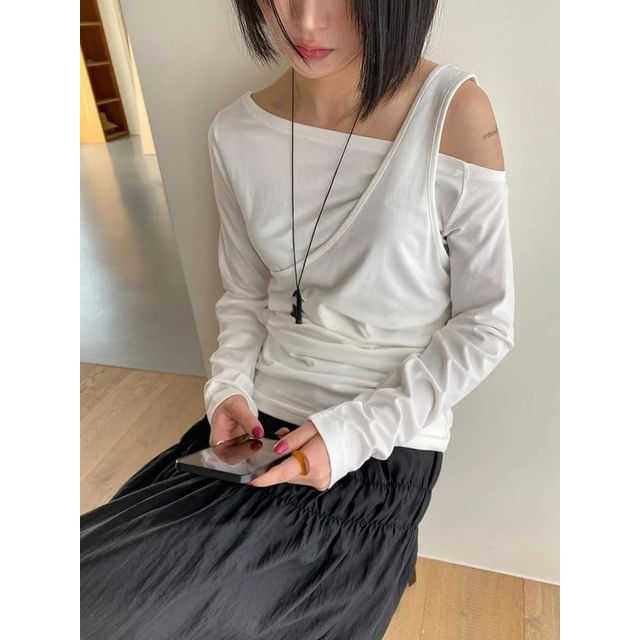 Seoulchic-Long-Sleeve Cold-Shoulder Plain Top