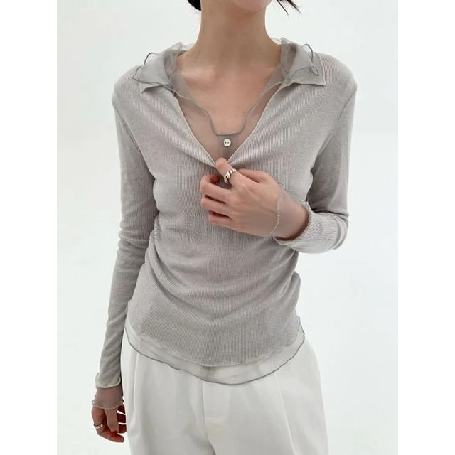 Seoulchic-Long-Sleeve Collar Plain Mush Panel Top