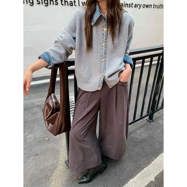 Seoulchic-Long-Sleeve Denim Panel Cardigan