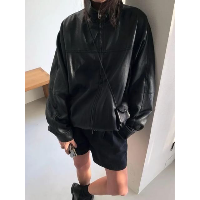 Seoulchic-Long-Sleeve Drawstring Faux Leather Jacket