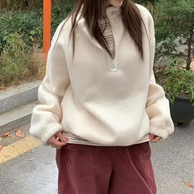 Seoulchic-Long-Sleeve Drawstring Plain Sweatshirt