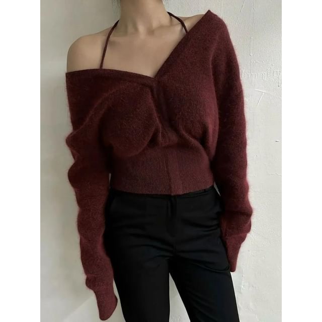 Seoulchic-Long-Sleeve Halter Plain Knit Top