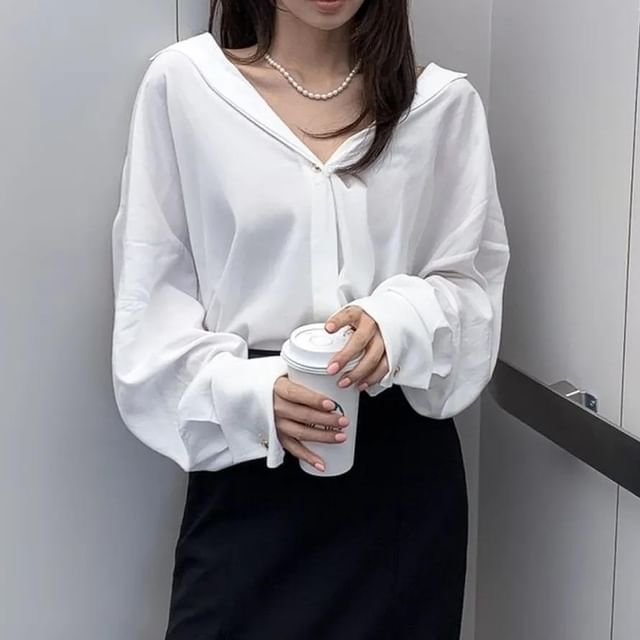 Seoulchic-Long-Sleeve Plain Blouse