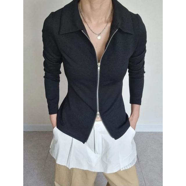 Seoulchic-Long-Sleeve Plain Collar Zip Jacket