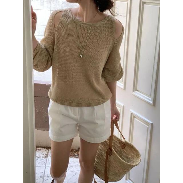 Seoulchic-Long-Sleeve Plain Cut-Out Knit Top