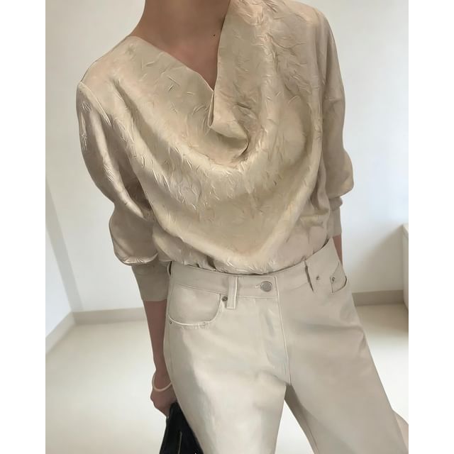 Seoulchic-Long-Sleeve Plain Drape Blouse