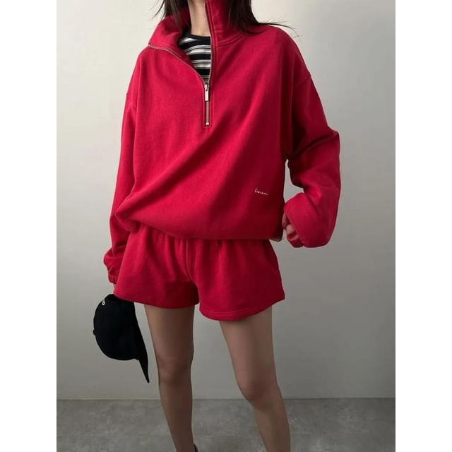 Seoulchic-Long-Sleeve Plain Half-Zip Sweatshirt