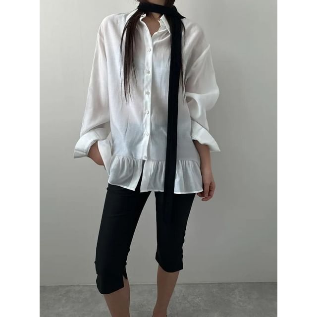 Seoulchic-Long-Sleeve Plain Ruffle Blouse