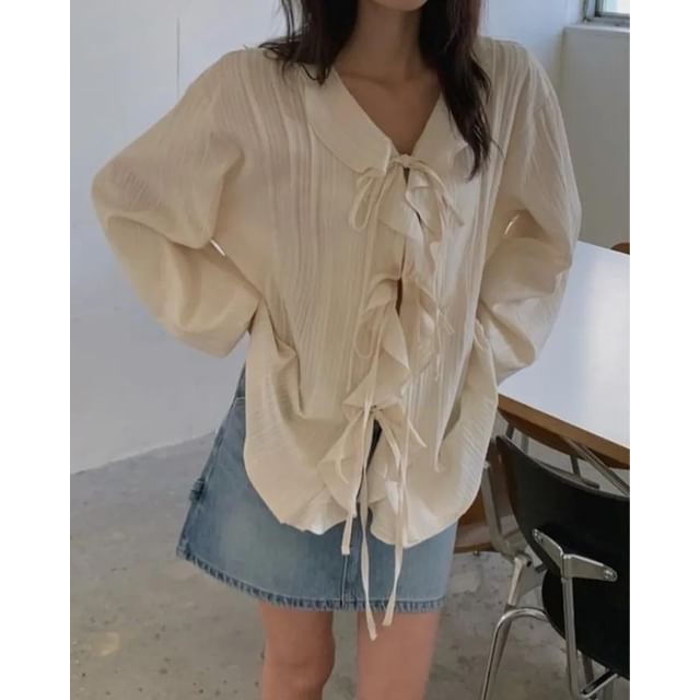 Seoulchic-Long-Sleeve Plain Ruffle Trim Blouse