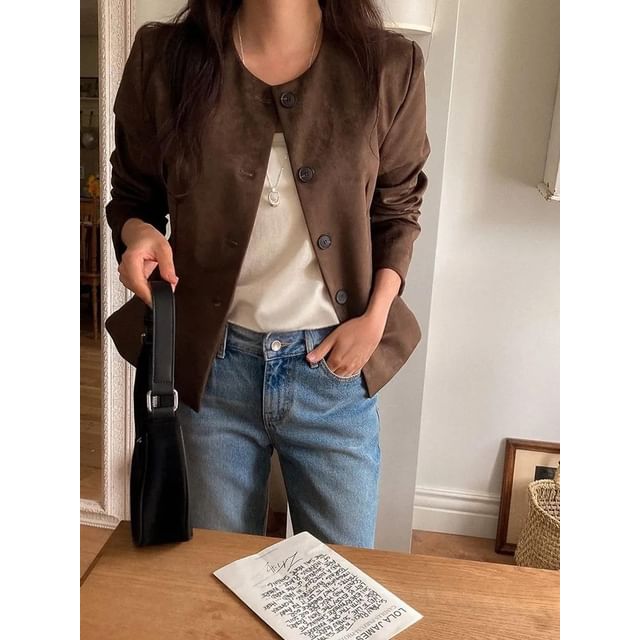 Seoulchic-Long-Sleeve Plain Suede Jacket