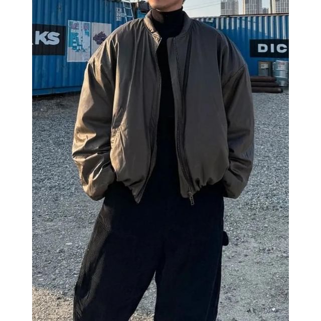 Seoulchic-Long-Sleeve Plain Zip Puffer Jacket
