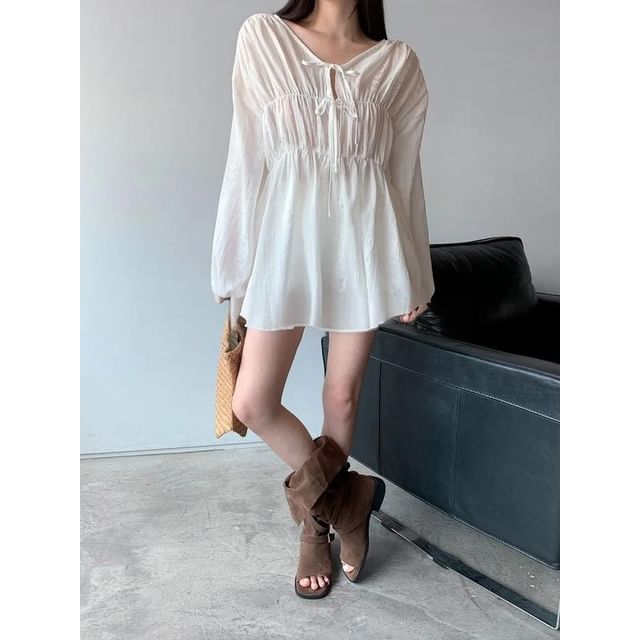 Seoulchic-Long-Sleeve Ruched Plain Blouse