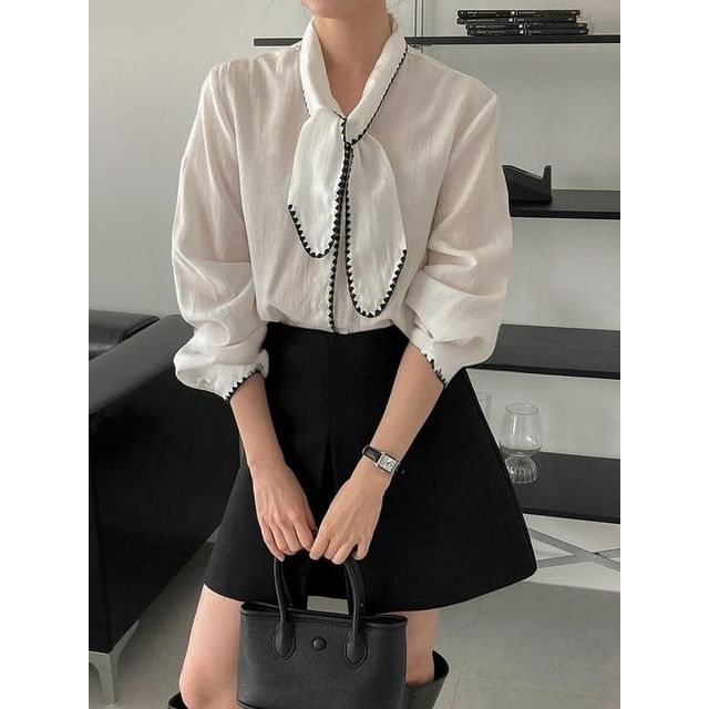 Seoulchic-Long-Sleeve Tie-Neck Blouse