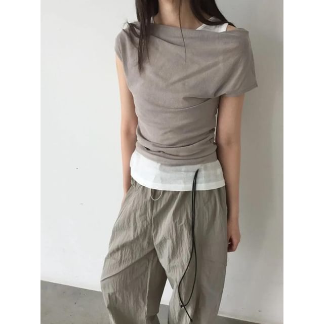 Seoulchic-Off-Shoulder Panel Layered T-shirt