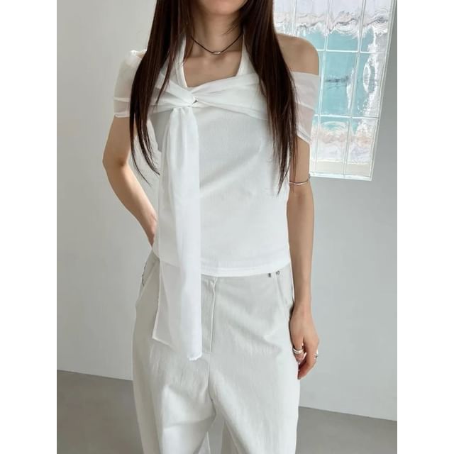 Seoulchic-Off-Shoulder Plain Halter Top