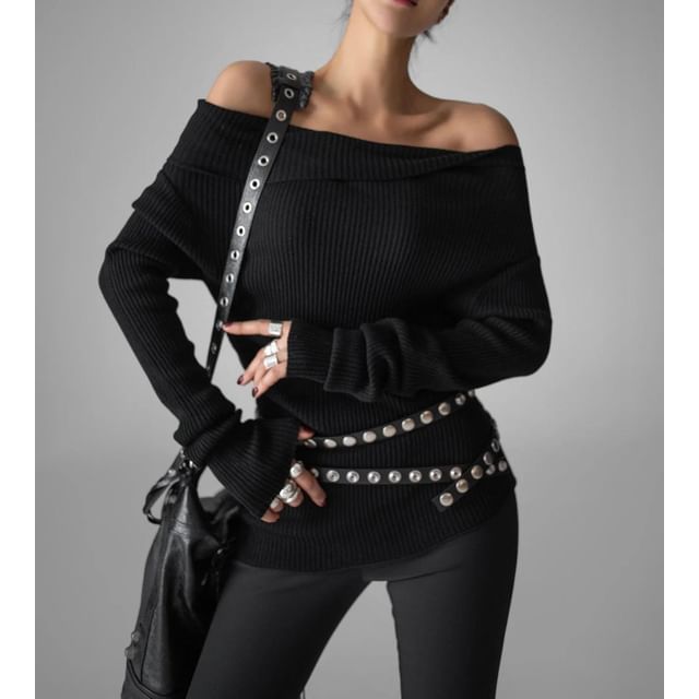Seoulchic-Off-Shoulder Plain Knit Top