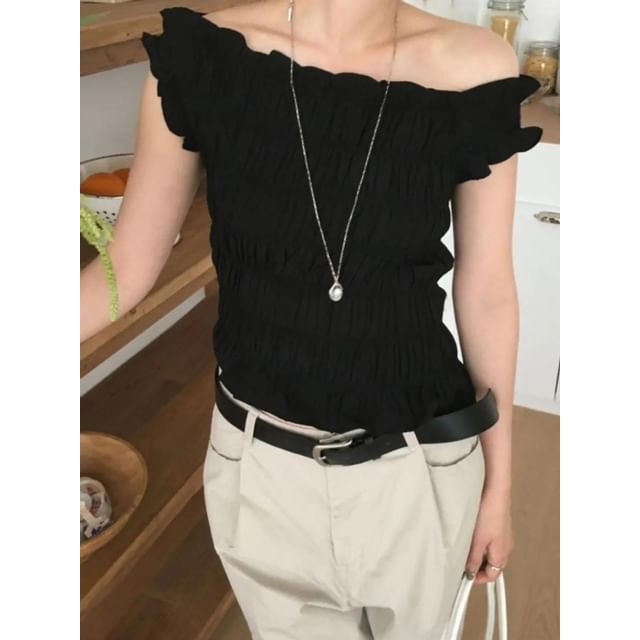 Seoulchic-Off-Shoulder Plain Ruched Top