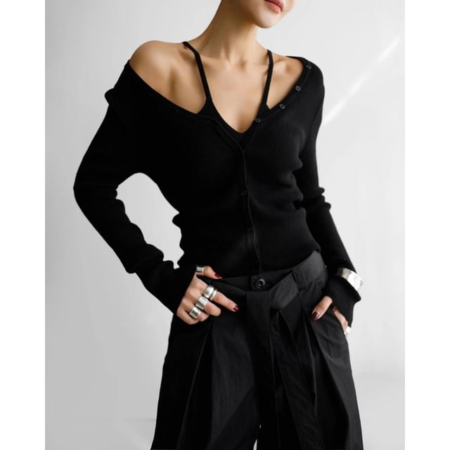 Seoulchic-Off-Shoulder Plain V-Neck Knit Top