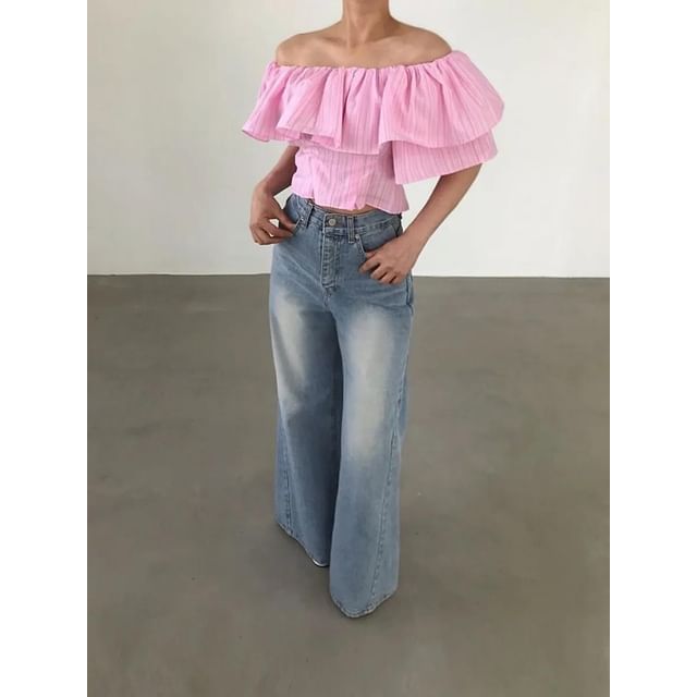 Seoulchic-Off-Shoulder Ruffle Trim Plain Top