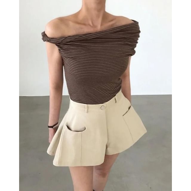 Seoulchic-Off-Shoulder Striped Asymmetrical Top