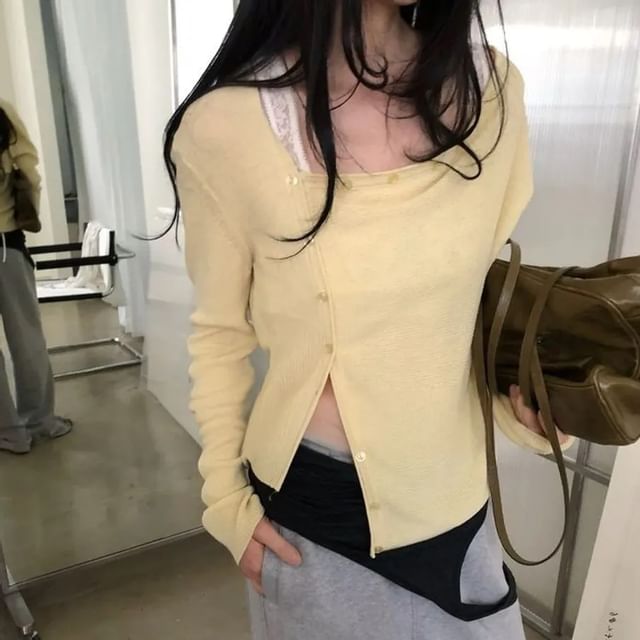 Seoulchic-Plain Asymmetrical Button-Up Long-Sleeve Cardigan