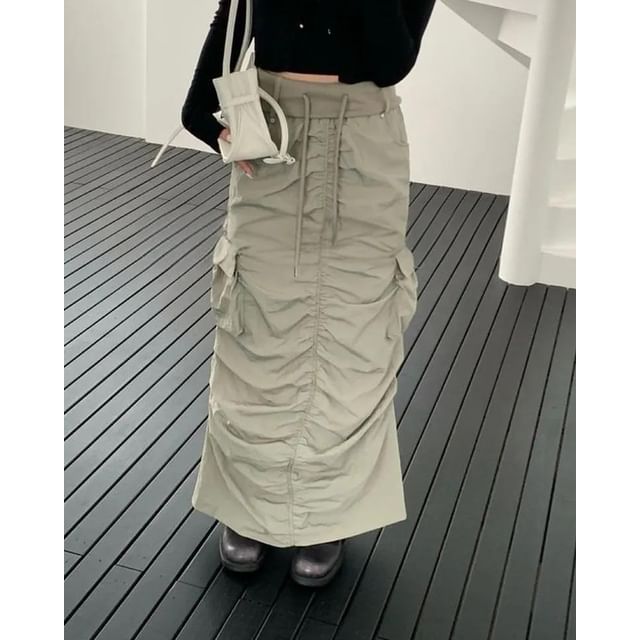 Seoulchic-Plain Drawstring Cargo Maxi Skirt