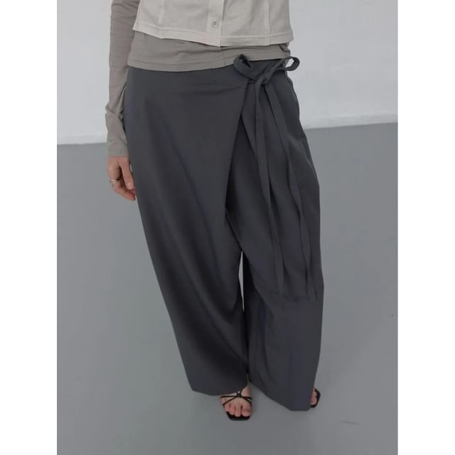 Seoulchic-Plain Lace-Up Wrap Trousers