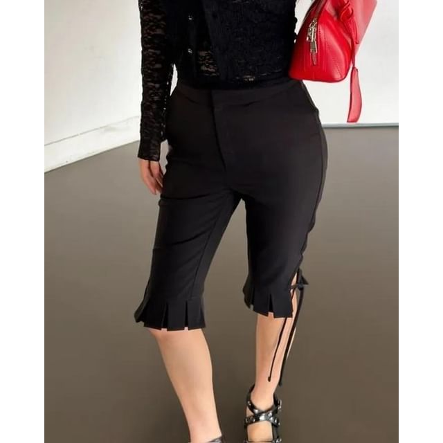 Seoulchic-Plain Ruffle Accent Cropped Slim Pants