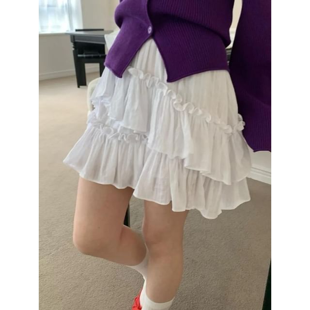 Seoulchic-Plain Shirred Layered A-Line Mini Skort