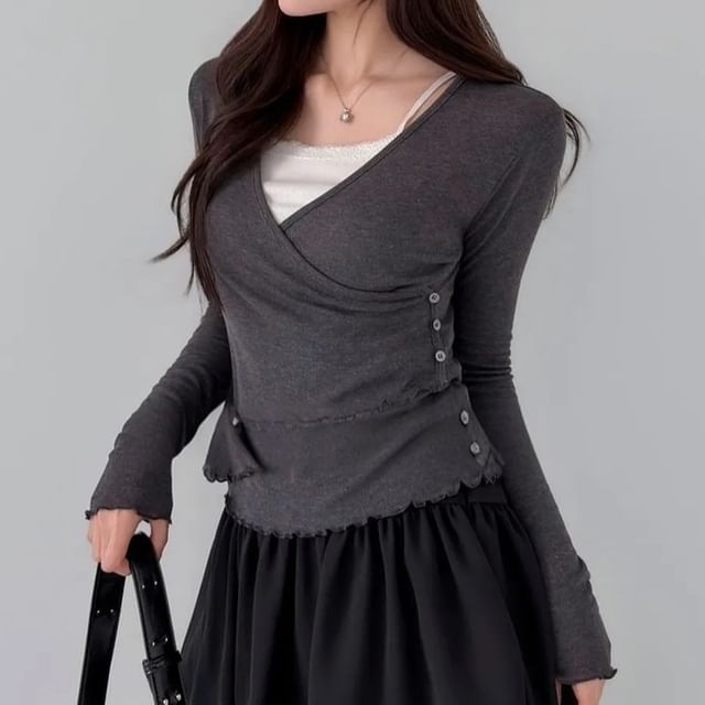 Seoulchic-Plain V-Neck Button Wrap Ruffled-Trim Slim-Fit Long Sleeve Tee