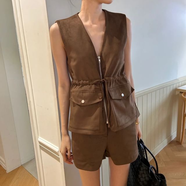 Seoulchic-Plain V-Neck Zip-Up Pocket Vest