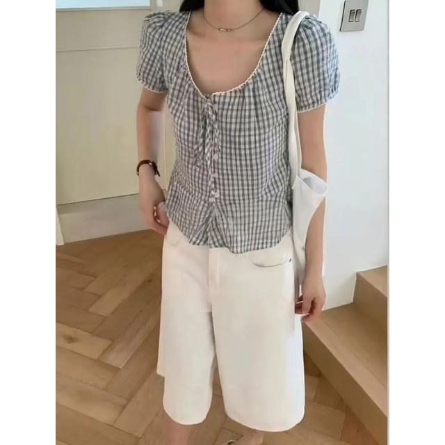 Seoulchic-Puff-Sleeve Plaid Tie-Front Blouse