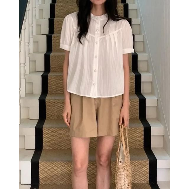 Seoulchic-Puff-Sleeve Plain Blouse