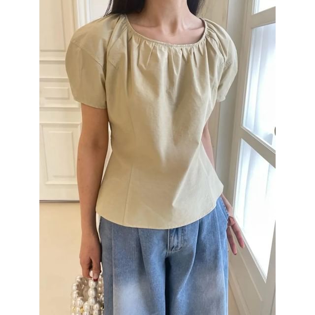 Seoulchic-Puff-Sleeve Plain Blouse