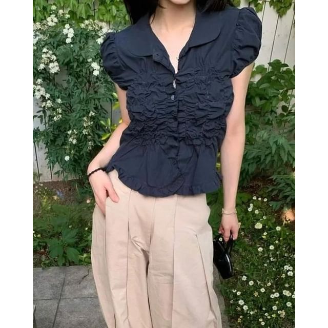 Seoulchic-Puff-Sleeve Plain Shirring Blouse