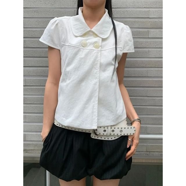 Seoulchic-Short-Sleeve Collar Plain Button-Up Blouse