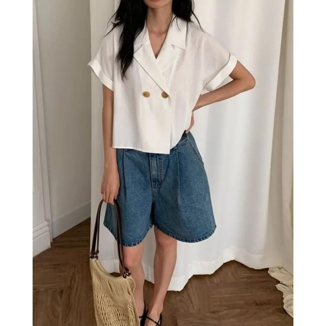 Seoulchic-Short-Sleeve Plain Button-Up Jacket