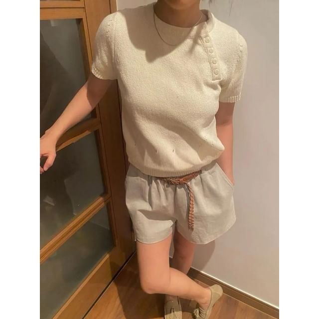 Seoulchic-Short-Sleeve Plain Button-Up Knit Top
