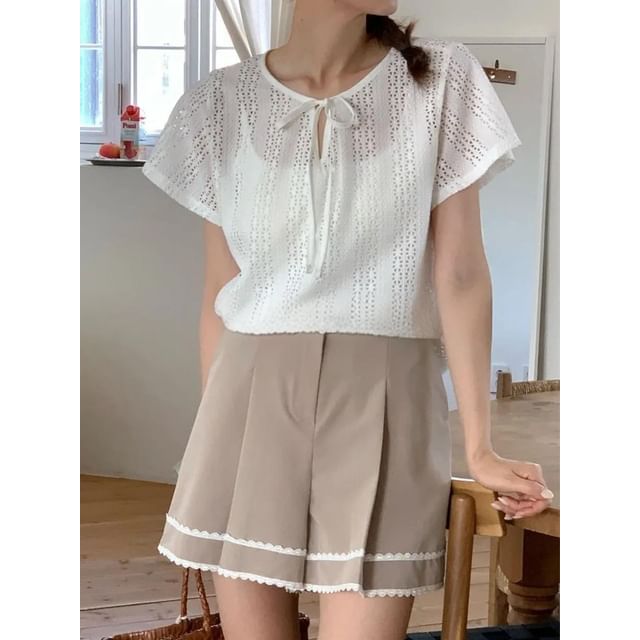 Seoulchic-Short-Sleeve Plain Crocheted Blouse
