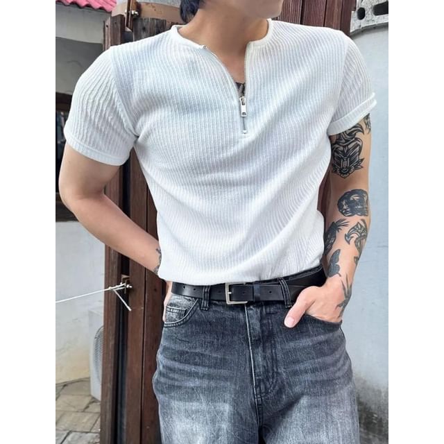 Seoulchic-Short-Sleeve Plain Half-Zip Top