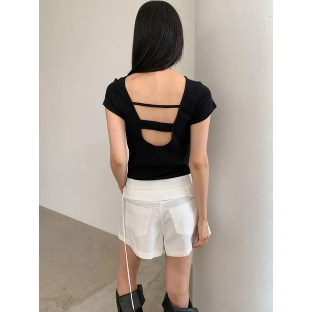 Seoulchic-Short-Sleeve Plain Open Back Top