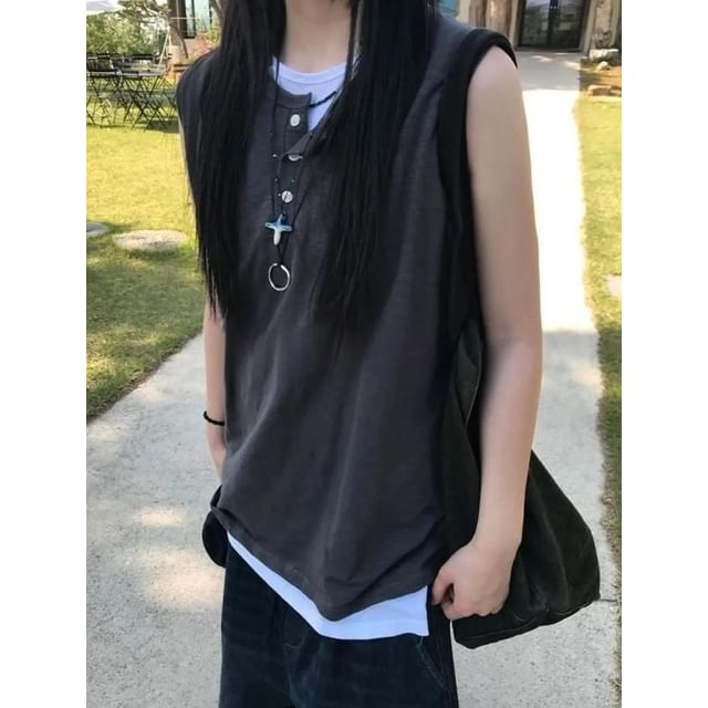 Seoulchic-Sleeveless Plain Button-Up Layered Tank Top